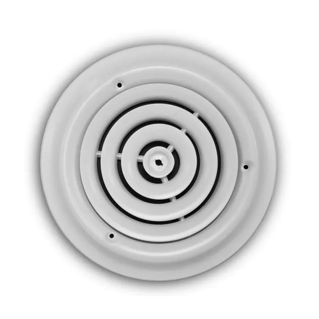 The Go Build 8 in. Steel Round Diffuser - White features concentric circular grills, three evenly spaced screw holes, and a durable white powder coat finish, viewed from above on a white background.